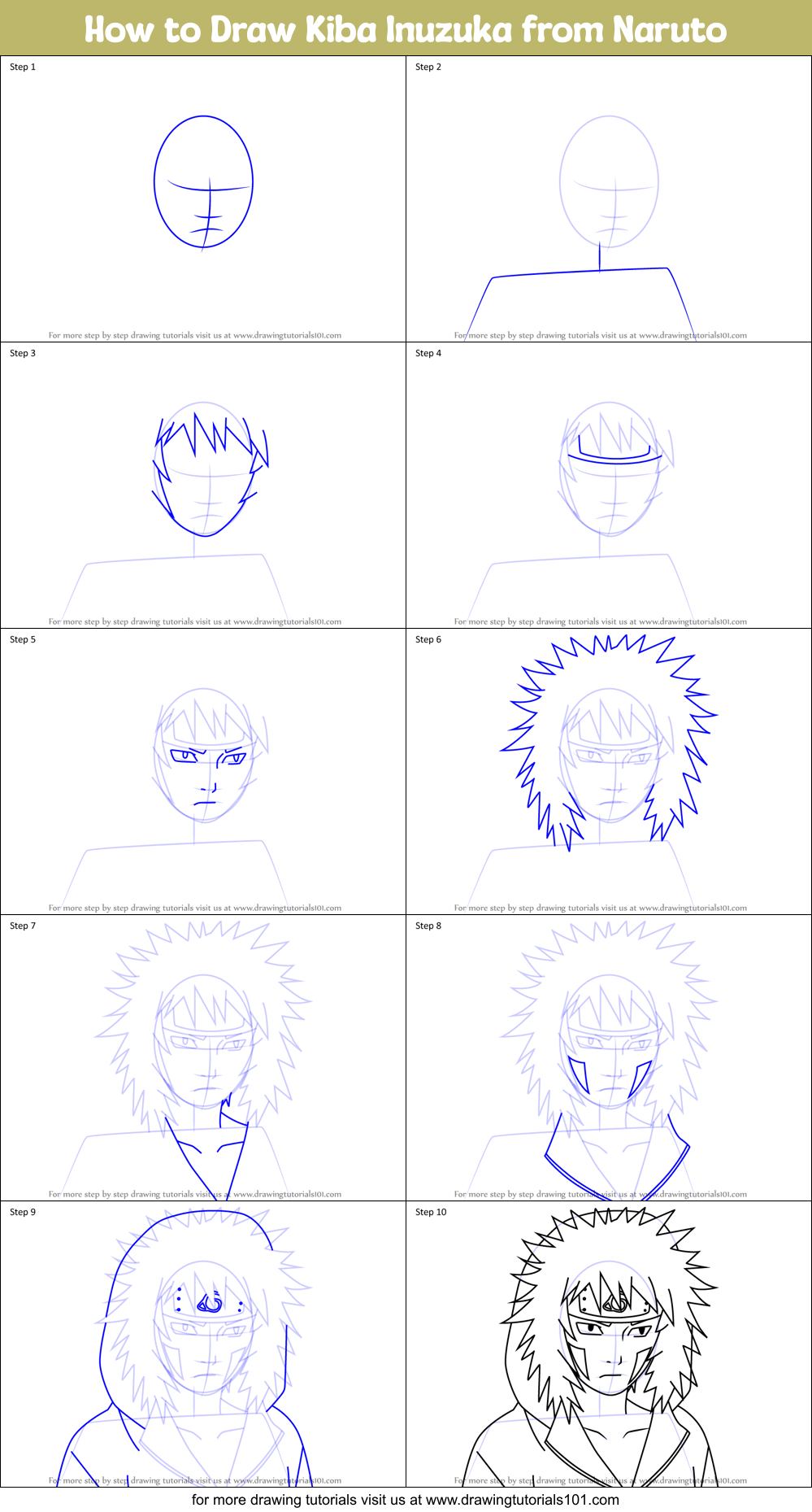 How to Draw Kiba Inuzuka from Naruto printable step by step drawing sheet