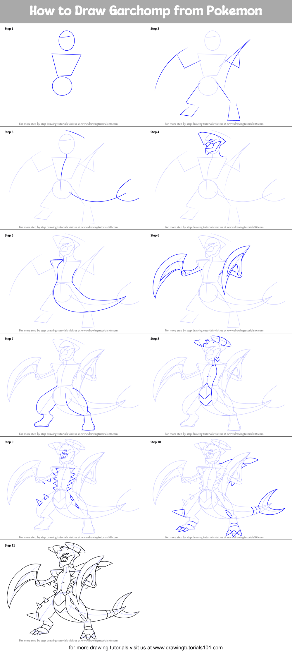 How to Draw Garchomp from Pokemon printable step by step drawing sheet