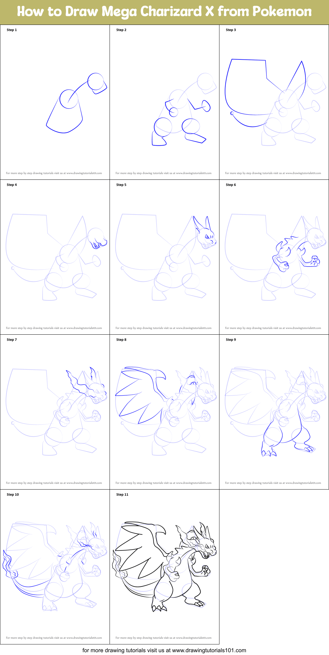 How to Draw Mega Charizard X from Pokemon printable step by step drawing sheet