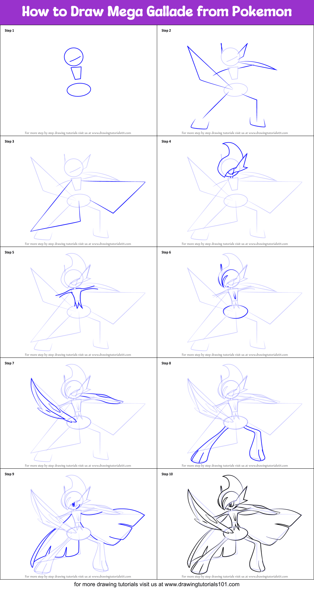 How to Draw Mega Gallade from Pokemon printable step by step drawing sheet