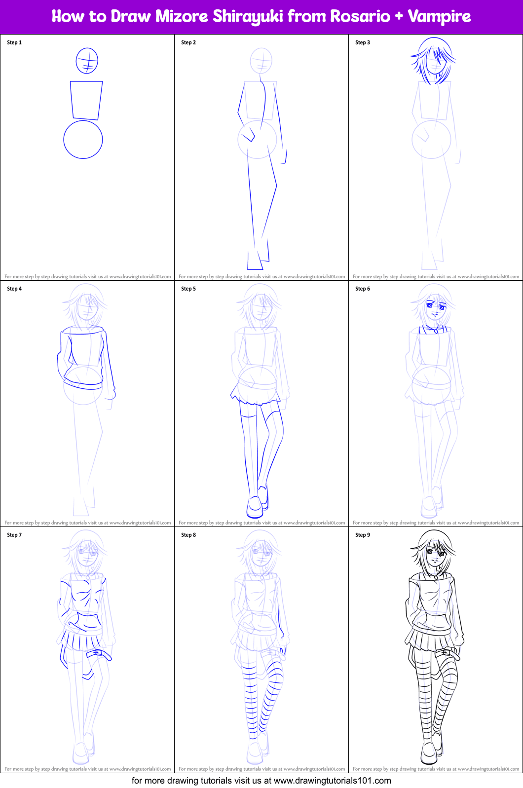 How to Draw Mizore Shirayuki from Rosario + Vampire printable step by step drawing sheet
