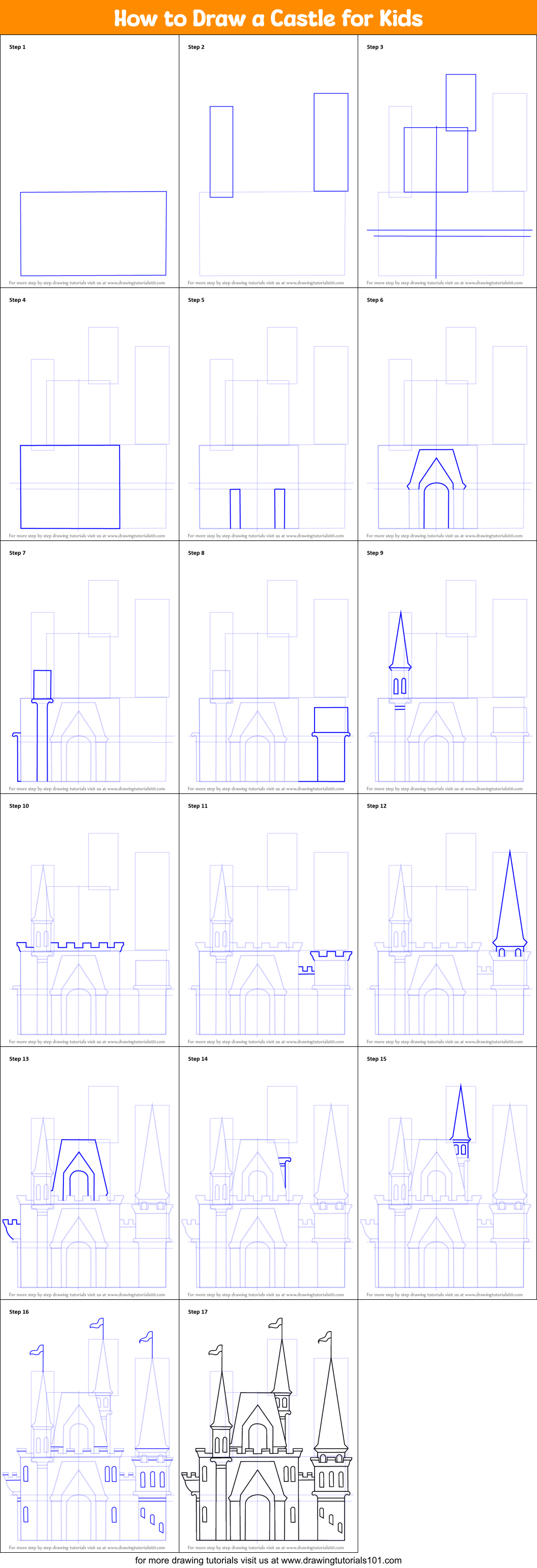 How to Draw a Castle for Kids printable step by step drawing sheet
