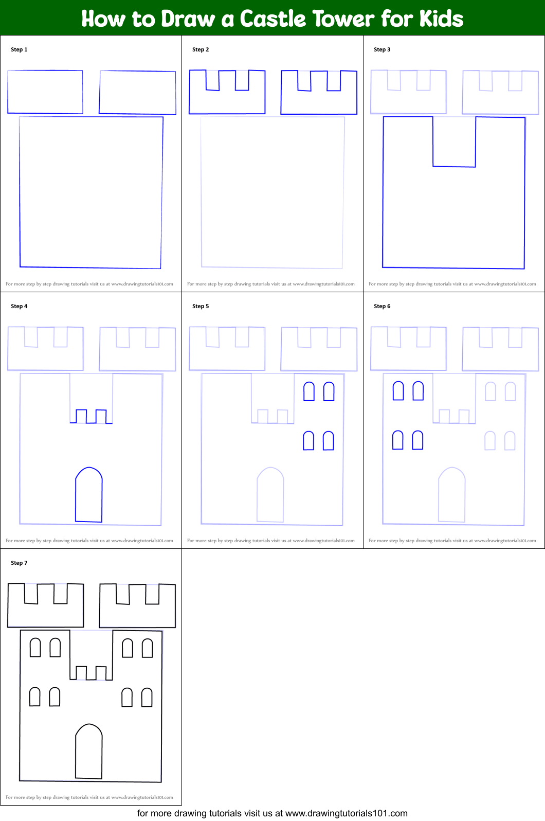 How to Draw a Castle Tower for Kids printable step by step drawing sheet