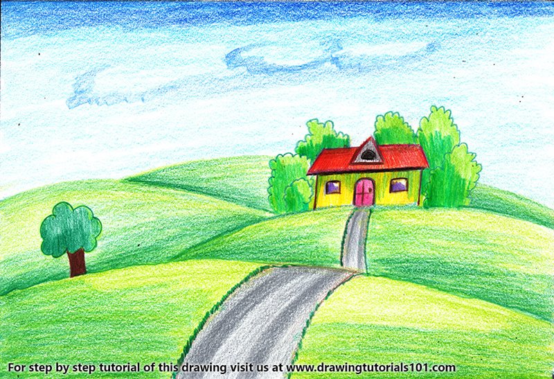 House on Fields of Grass Colored Pencils Drawing House House on Fields of Grass Colored Pencils Drawing House