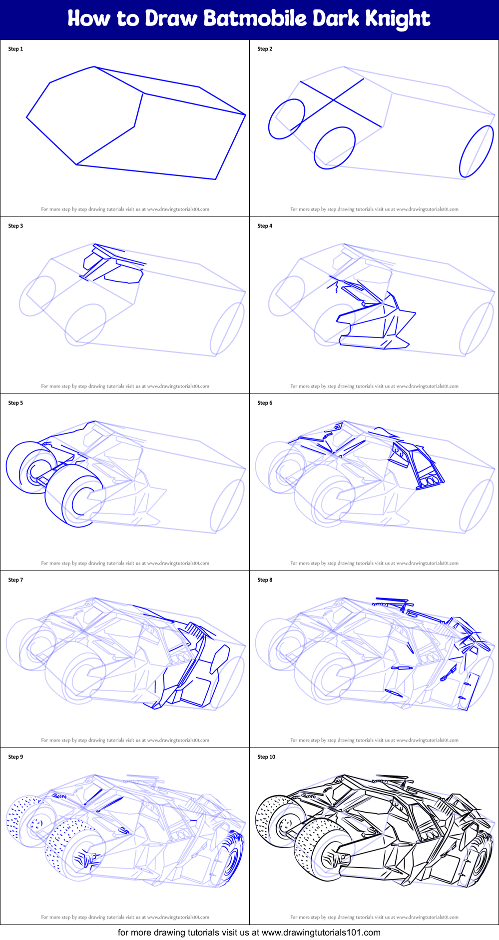 How to Draw Batmobile Dark Knight printable step by step drawing sheet