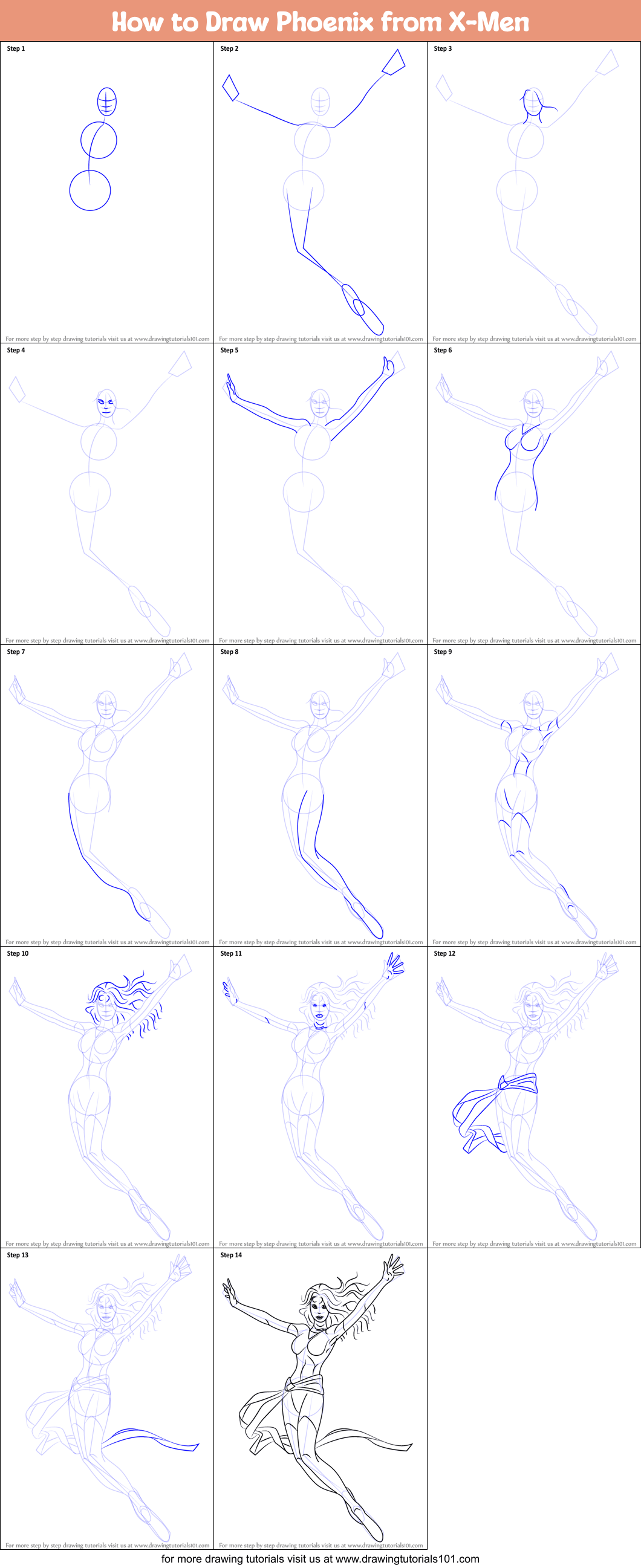 How to Draw Phoenix from XMen printable step by step drawing sheet