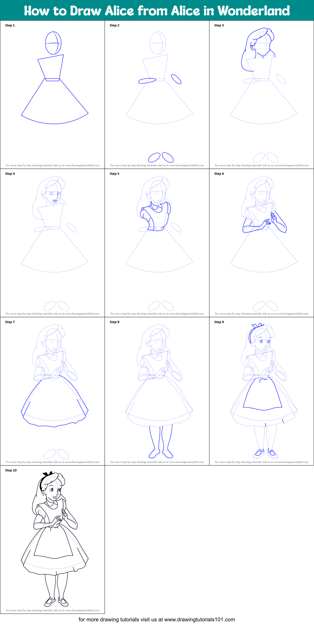 How to Draw Alice from Alice in Wonderland (Alice in Wonderland) Step