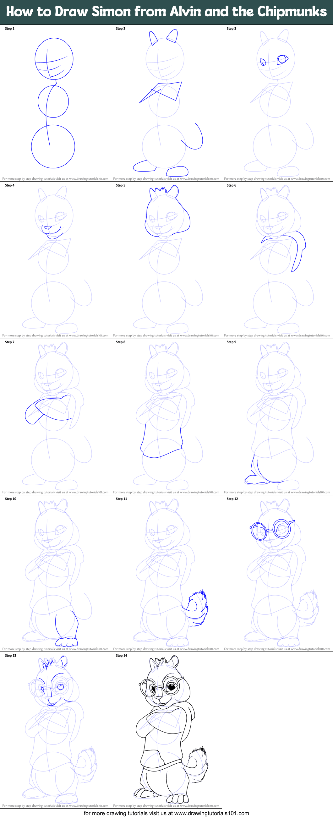 How to Draw Simon from Alvin and the Chipmunks printable step by step drawing sheet