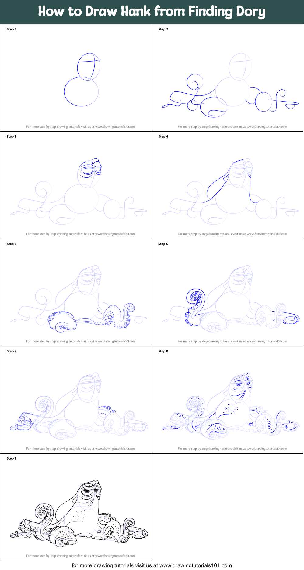 How to Draw Hank from Finding Dory printable step by step drawing sheet