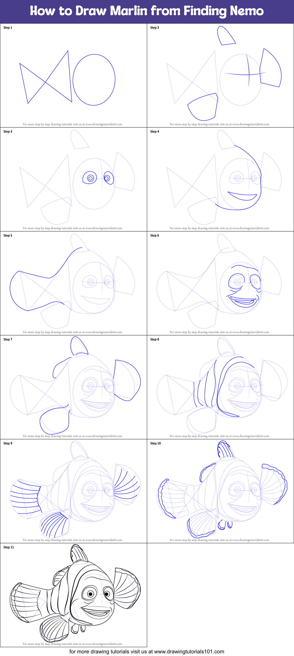 How to Draw Marlin from Finding Nemo printable step by step drawing sheet