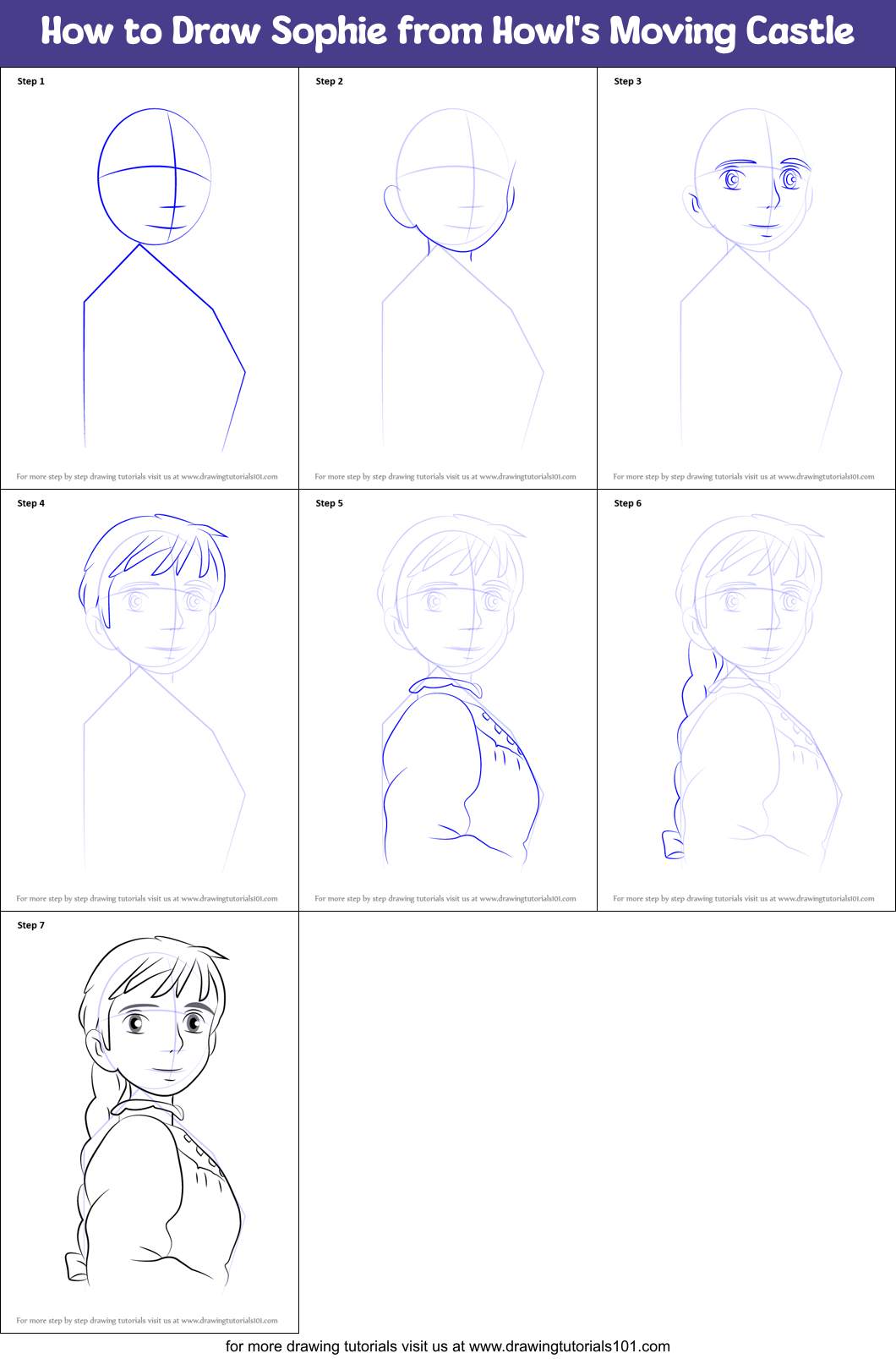 How to Draw Sophie from Howl's Moving Castle printable step by step drawing sheet