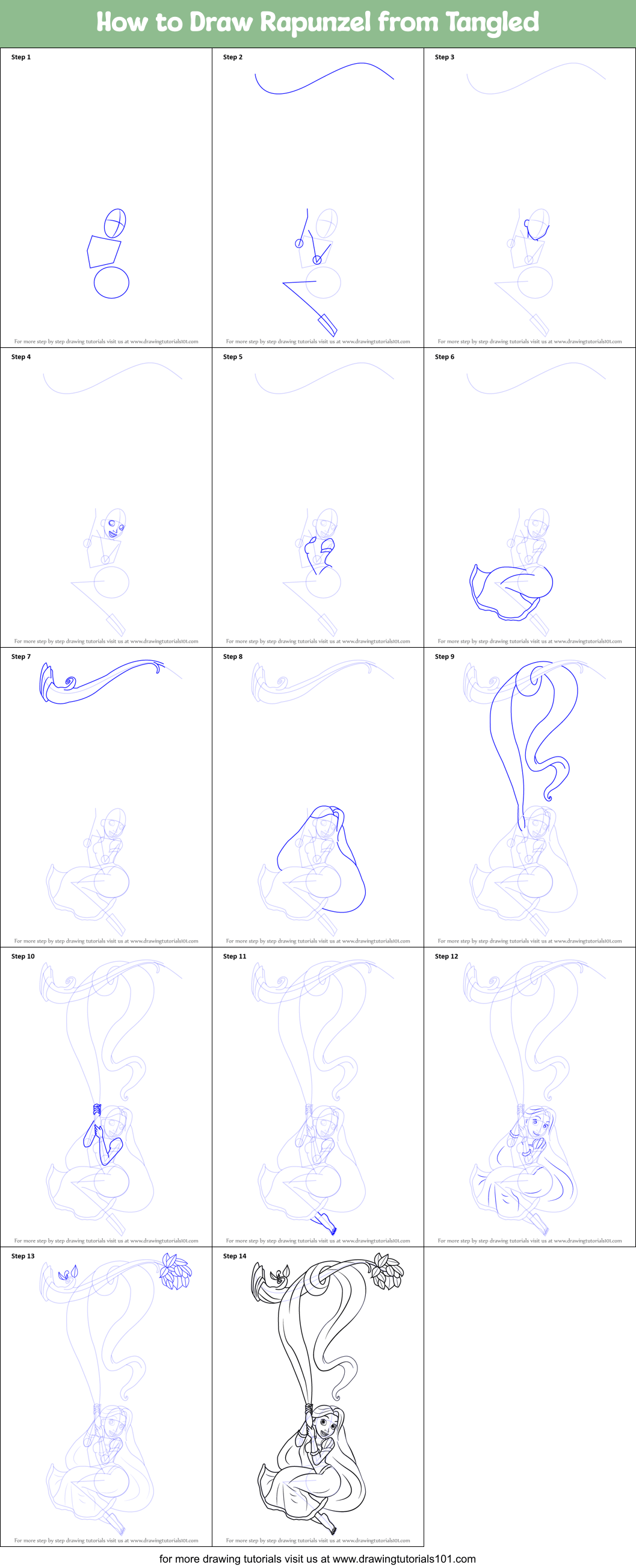 How to Draw Rapunzel from Tangled printable step by step drawing sheet