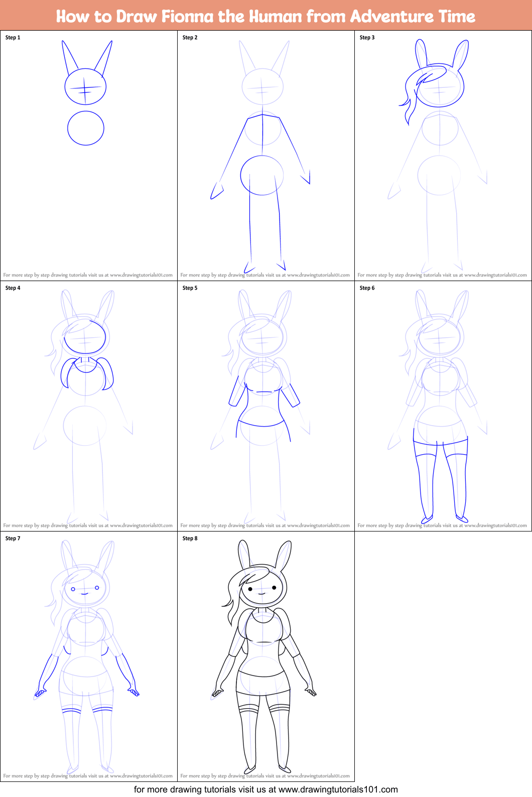 How to Draw Fionna the Human from Adventure Time printable step by step drawing sheet