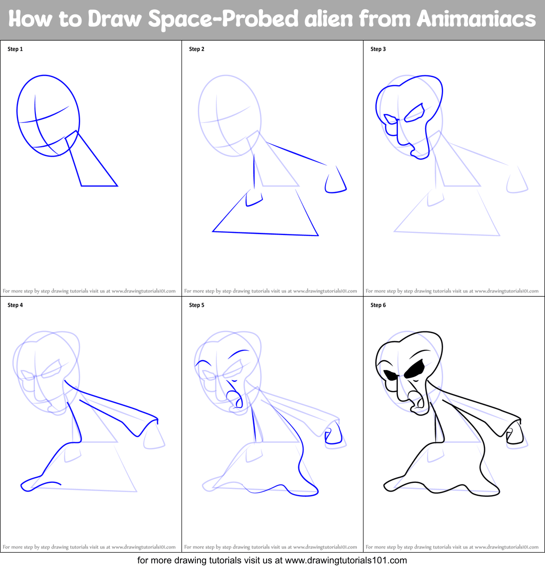 How to Draw SpaceProbed alien from Animaniacs printable step by step drawing sheet