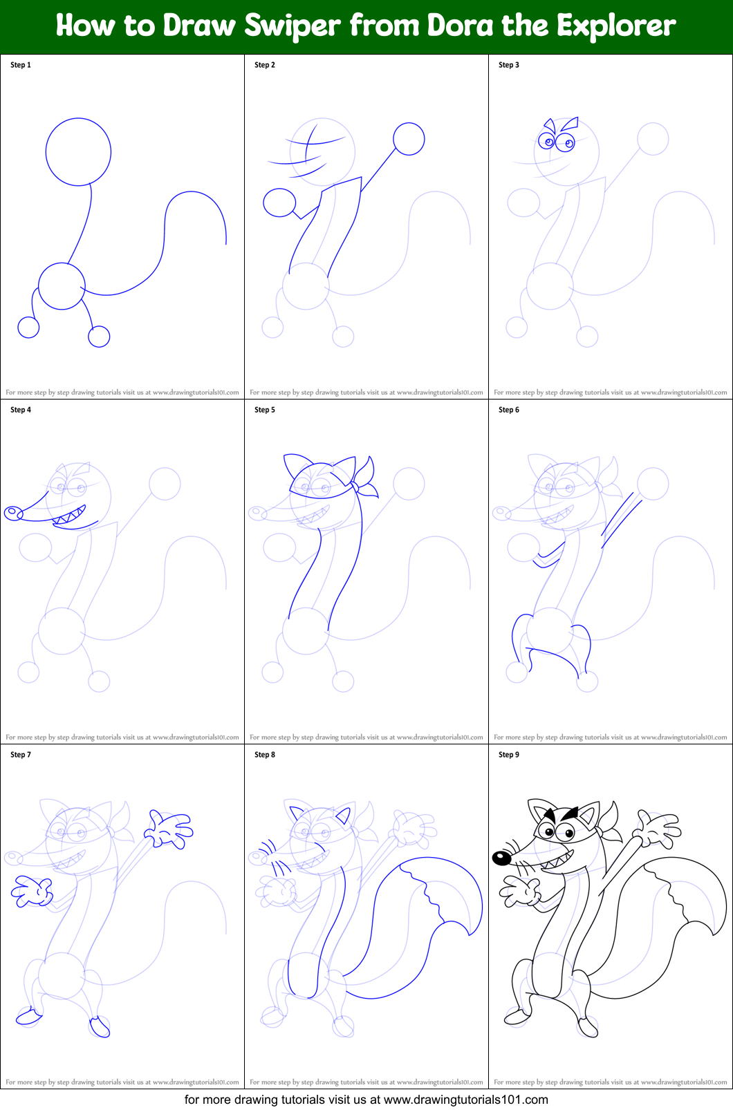 How to Draw Swiper from Dora the Explorer printable step by step drawing sheet