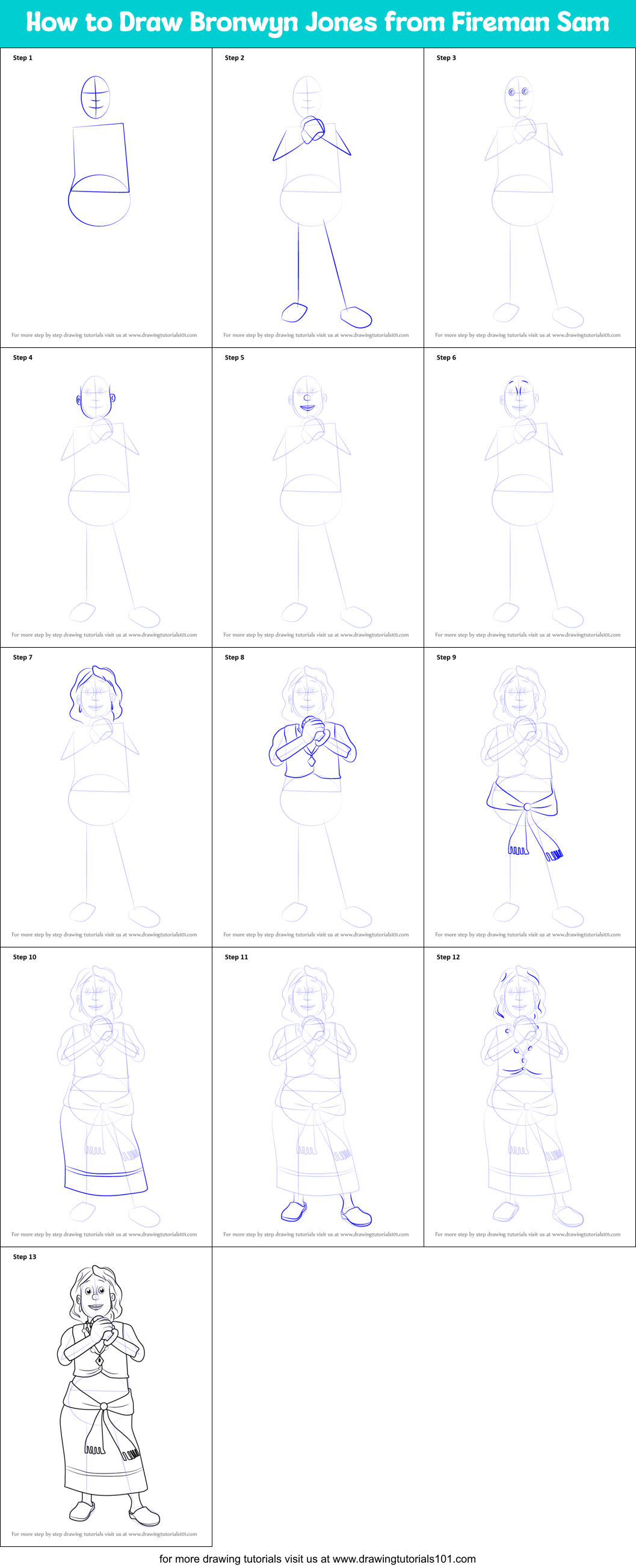 How to Draw Bronwyn Jones from Fireman Sam printable step by step drawing sheet