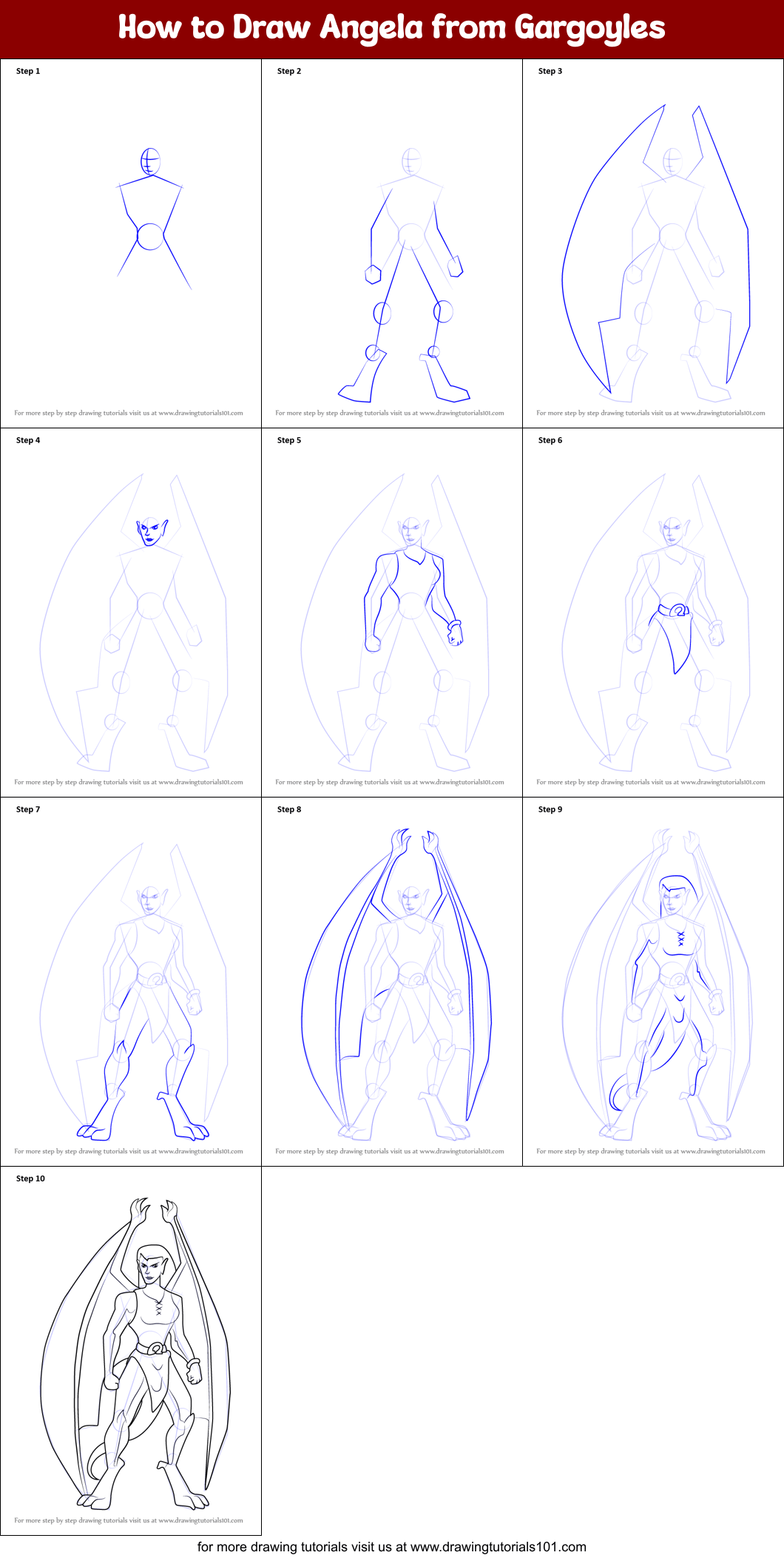 How to Draw Angela from Gargoyles printable step by step drawing sheet