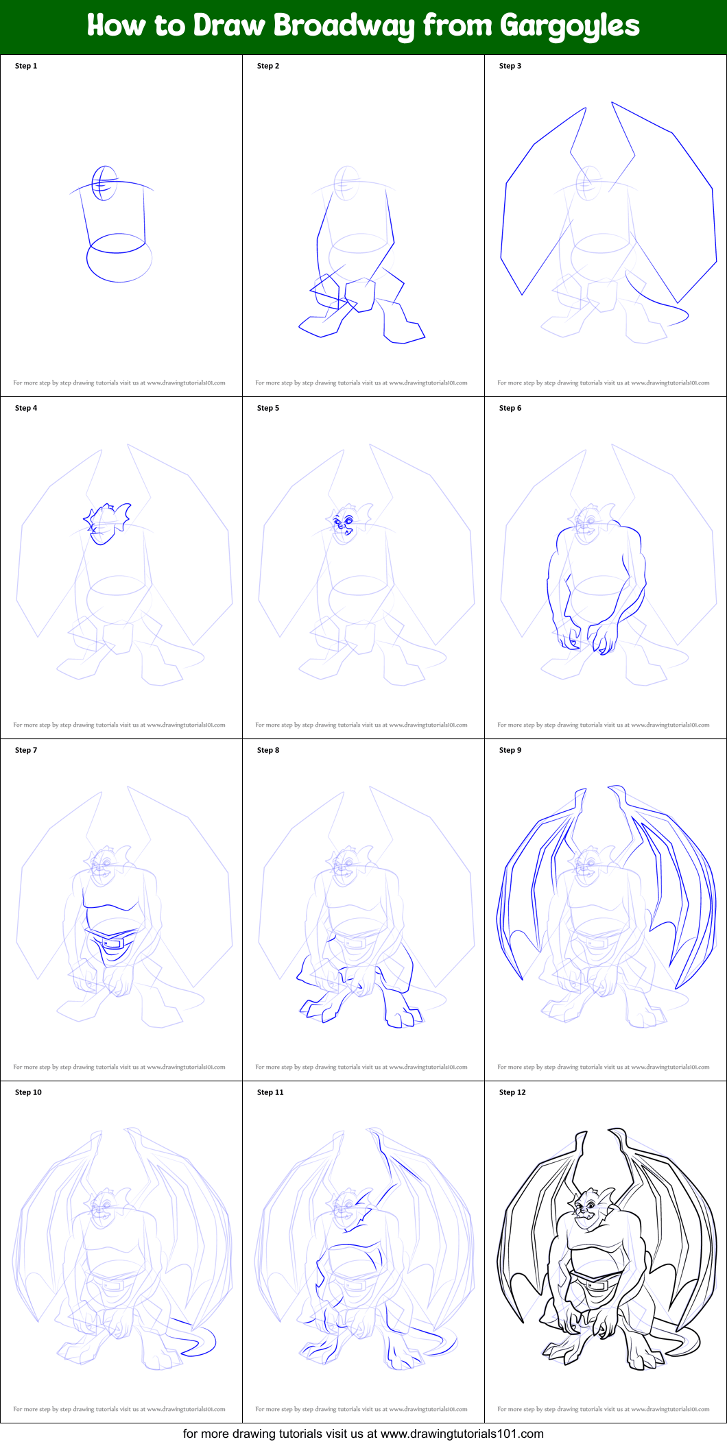 How to Draw Broadway from Gargoyles printable step by step drawing sheet