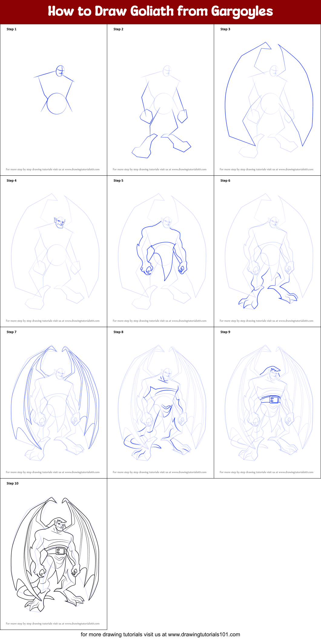 How to Draw Goliath from Gargoyles printable step by step drawing sheet