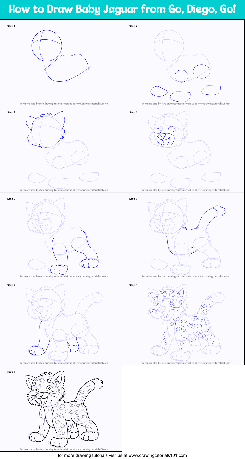How to Draw Baby Jaguar from Go, Diego, Go! printable step by step drawing sheet