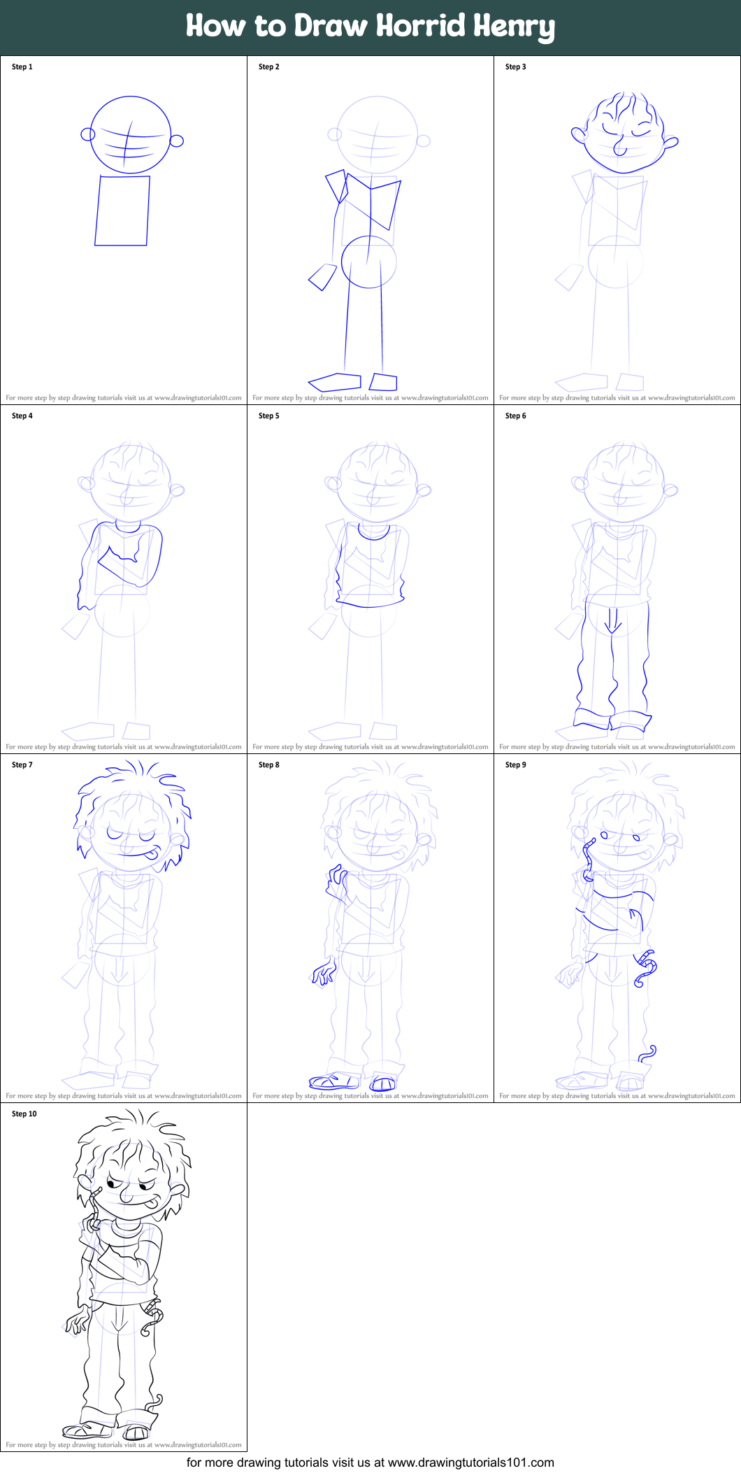 How to Draw Horrid Henry printable step by step drawing sheet