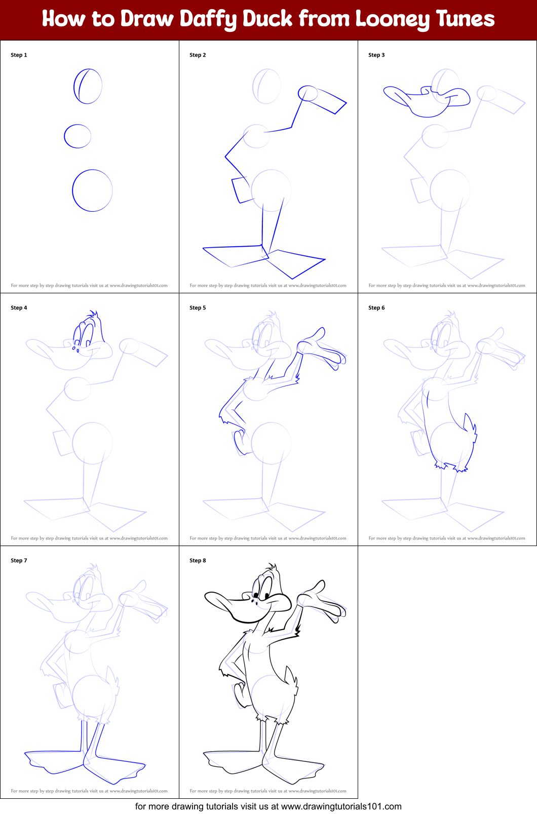 How to Draw Daffy Duck from Looney Tunes printable step by step drawing sheet