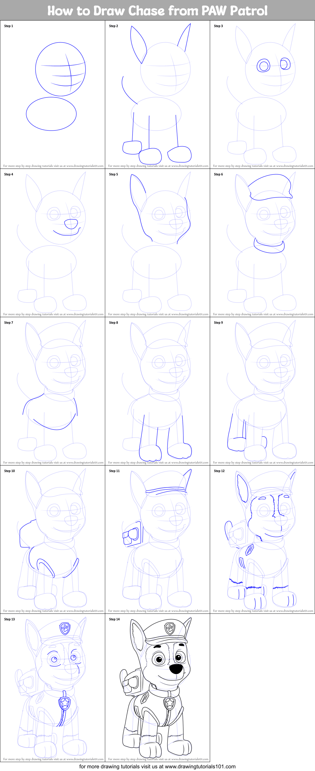 How to Draw Chase from PAW Patrol printable step by step drawing sheet