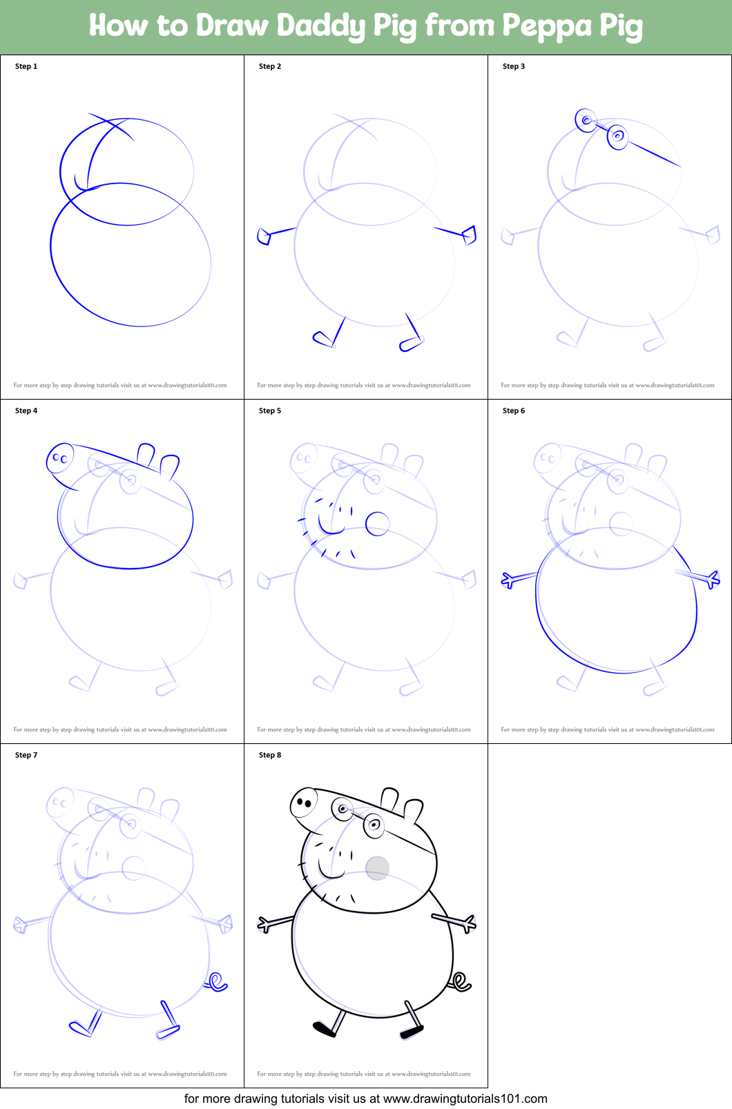How to Draw Daddy Pig from Peppa Pig printable step by step drawing sheet
