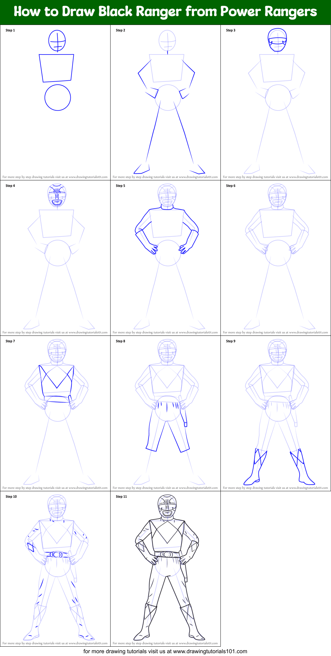 How to Draw Black Ranger from Power Rangers printable step by step drawing sheet
