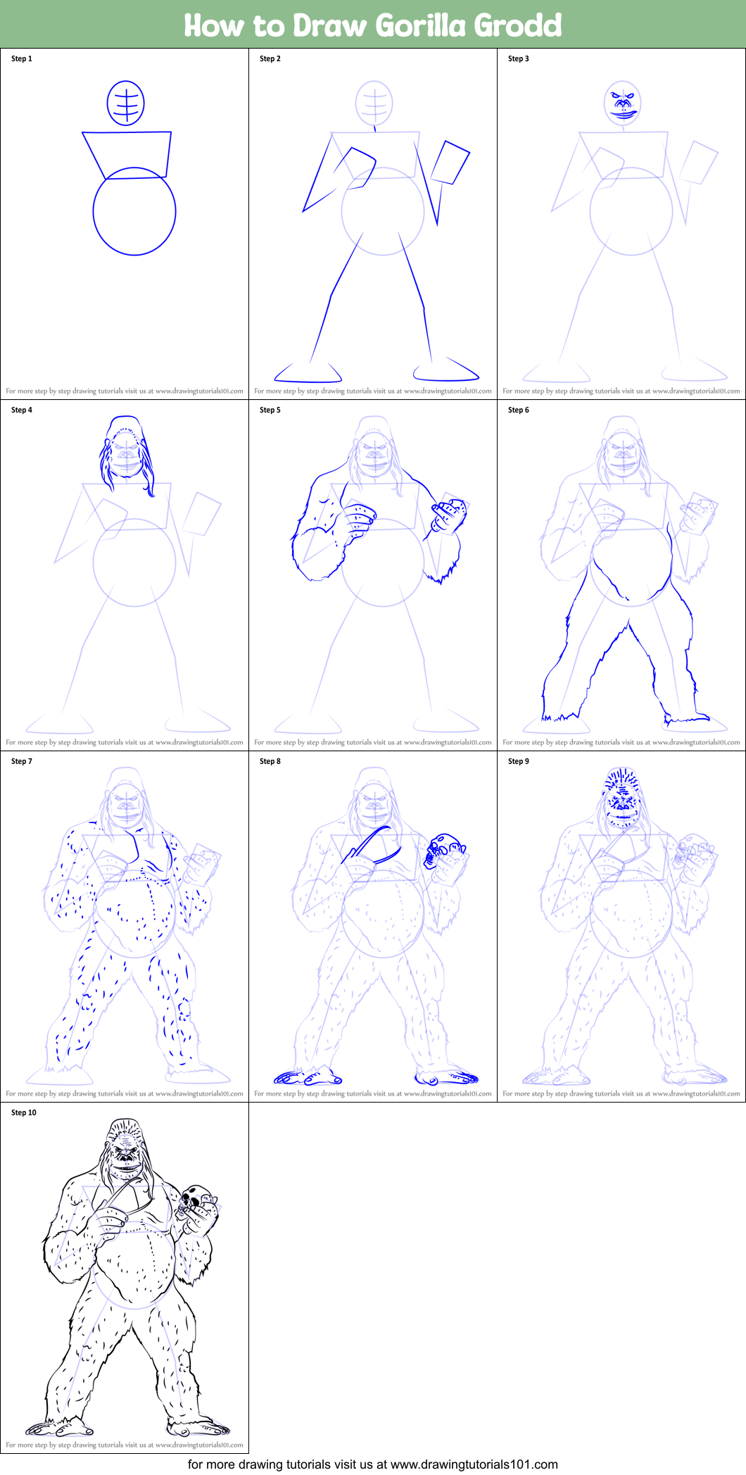 How to Draw Gorilla Grodd printable step by step drawing sheet