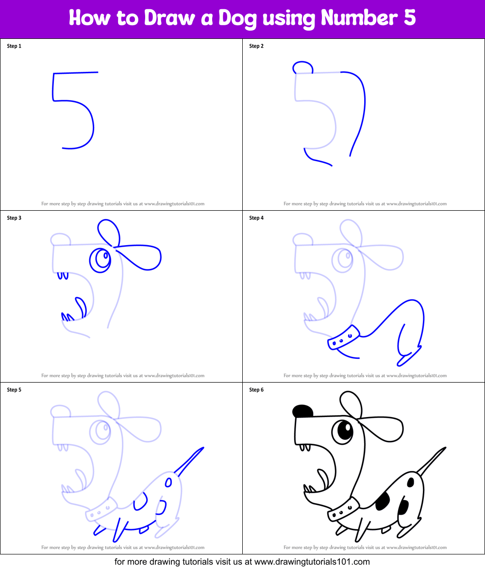 How to Draw a Dog using Number 5 (Animals with Numbers) Step by Step
