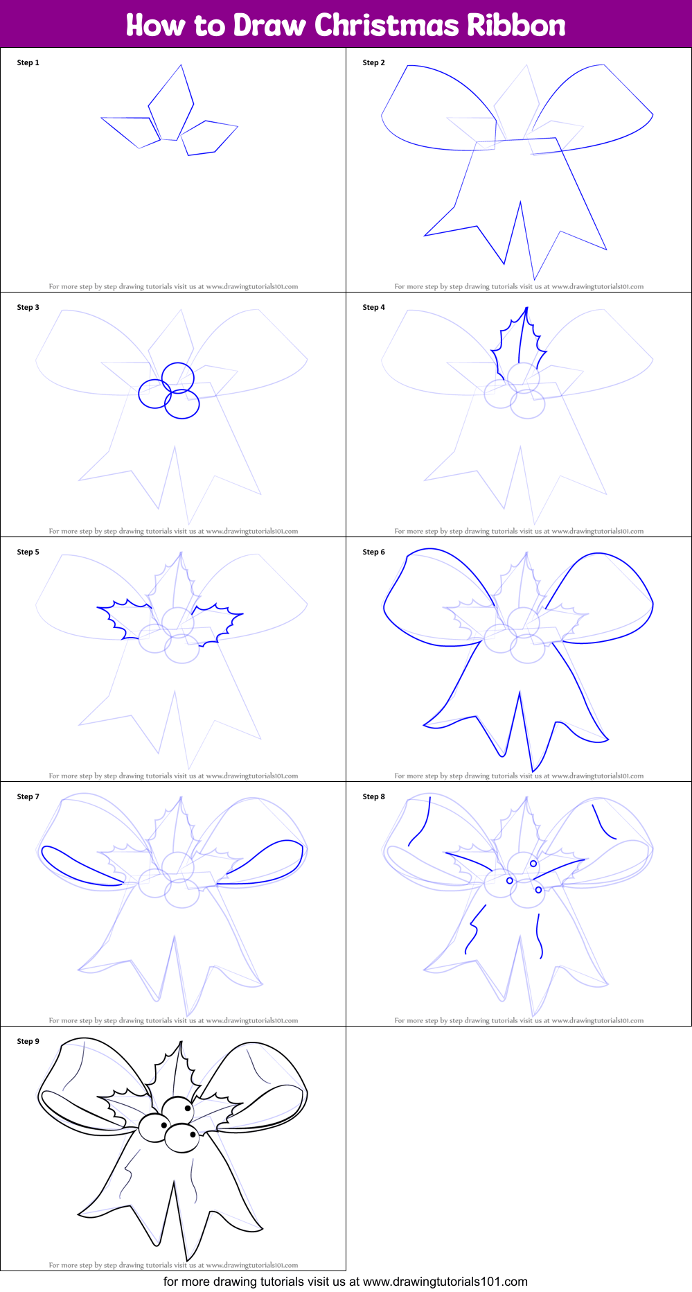 How to Draw Christmas Ribbon printable step by step drawing sheet