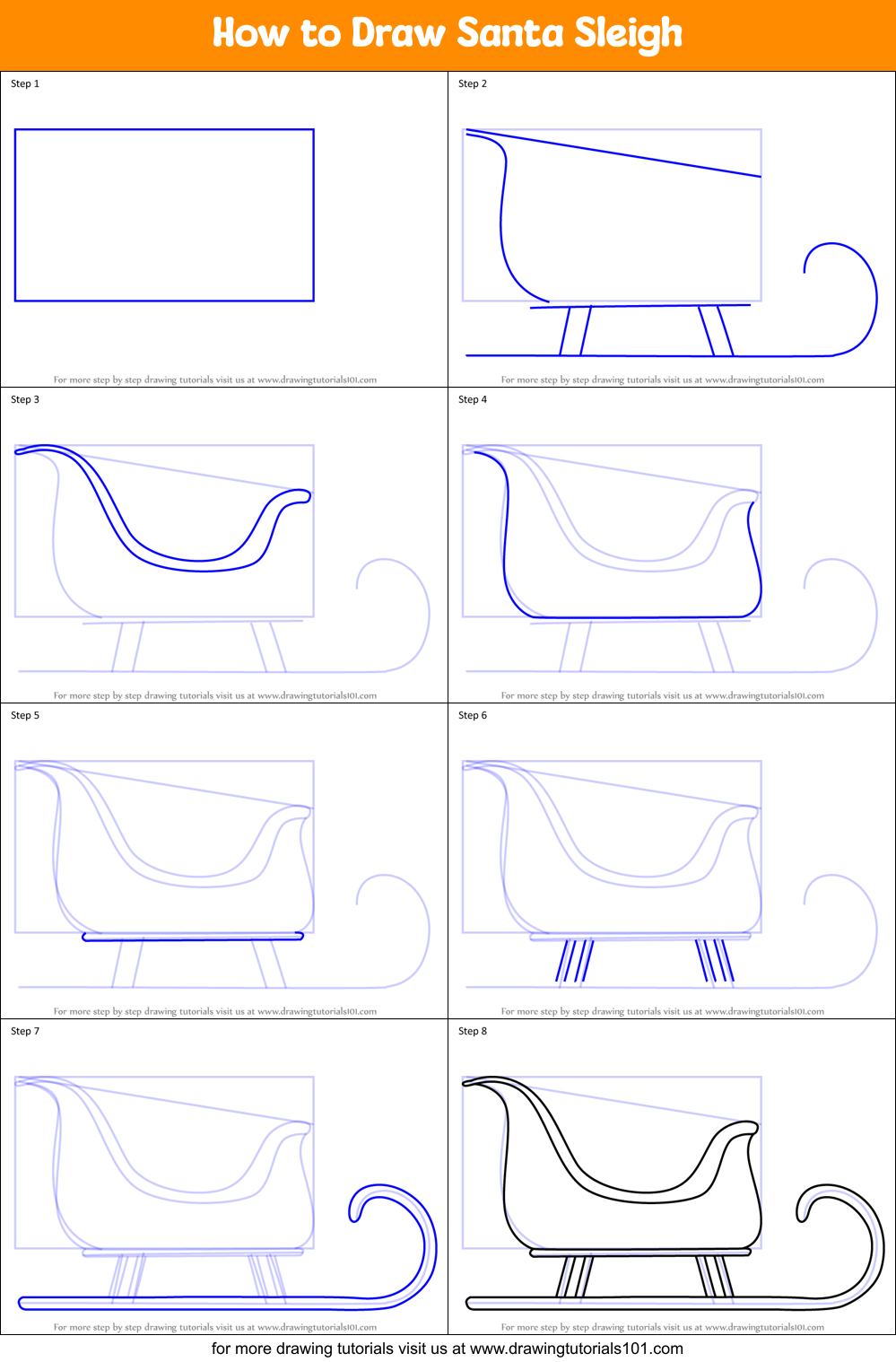 How to Draw Santa Sleigh printable step by step drawing sheet