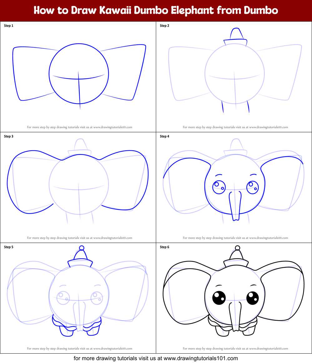 How to Draw Kawaii Dumbo Elephant from Dumbo printable step by step