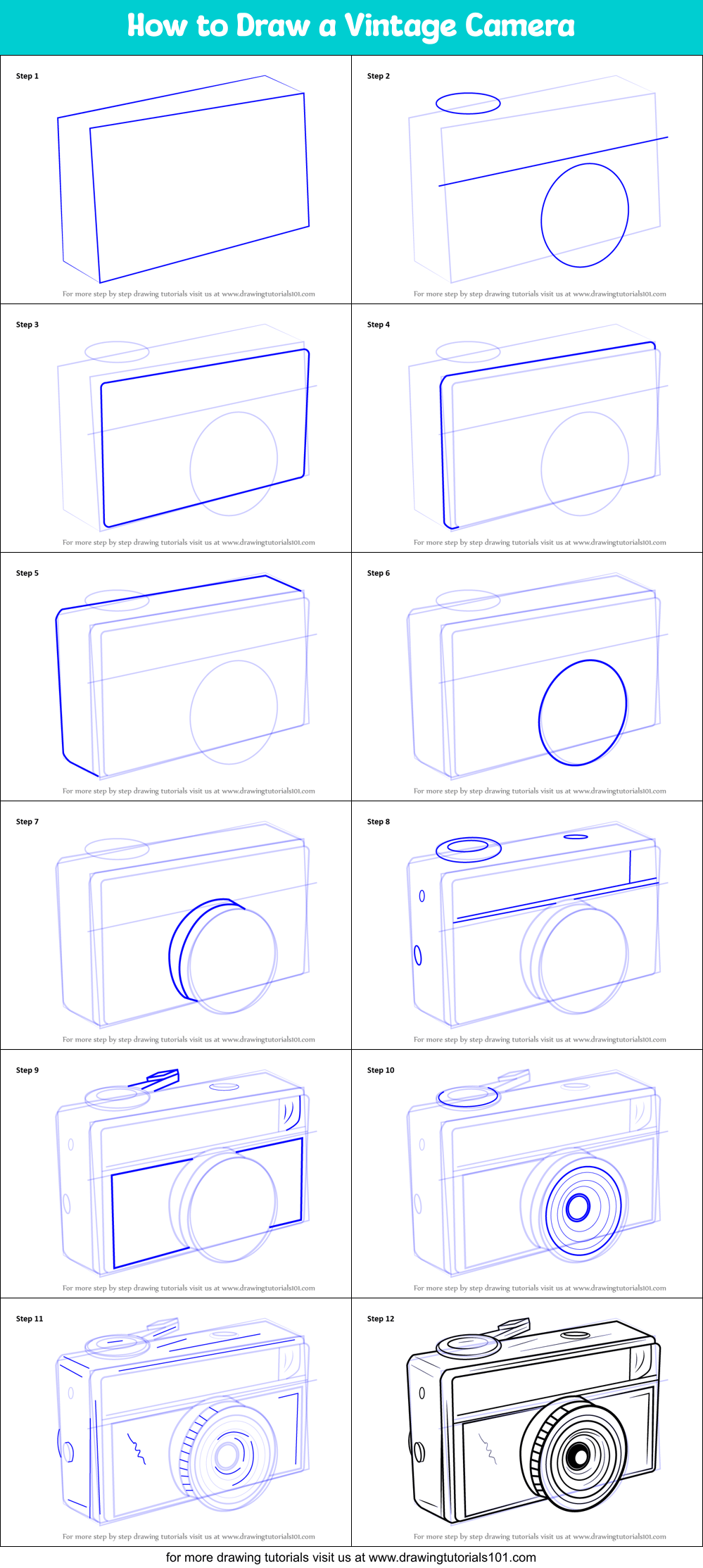 How to Draw a Vintage Camera printable step by step drawing sheet
