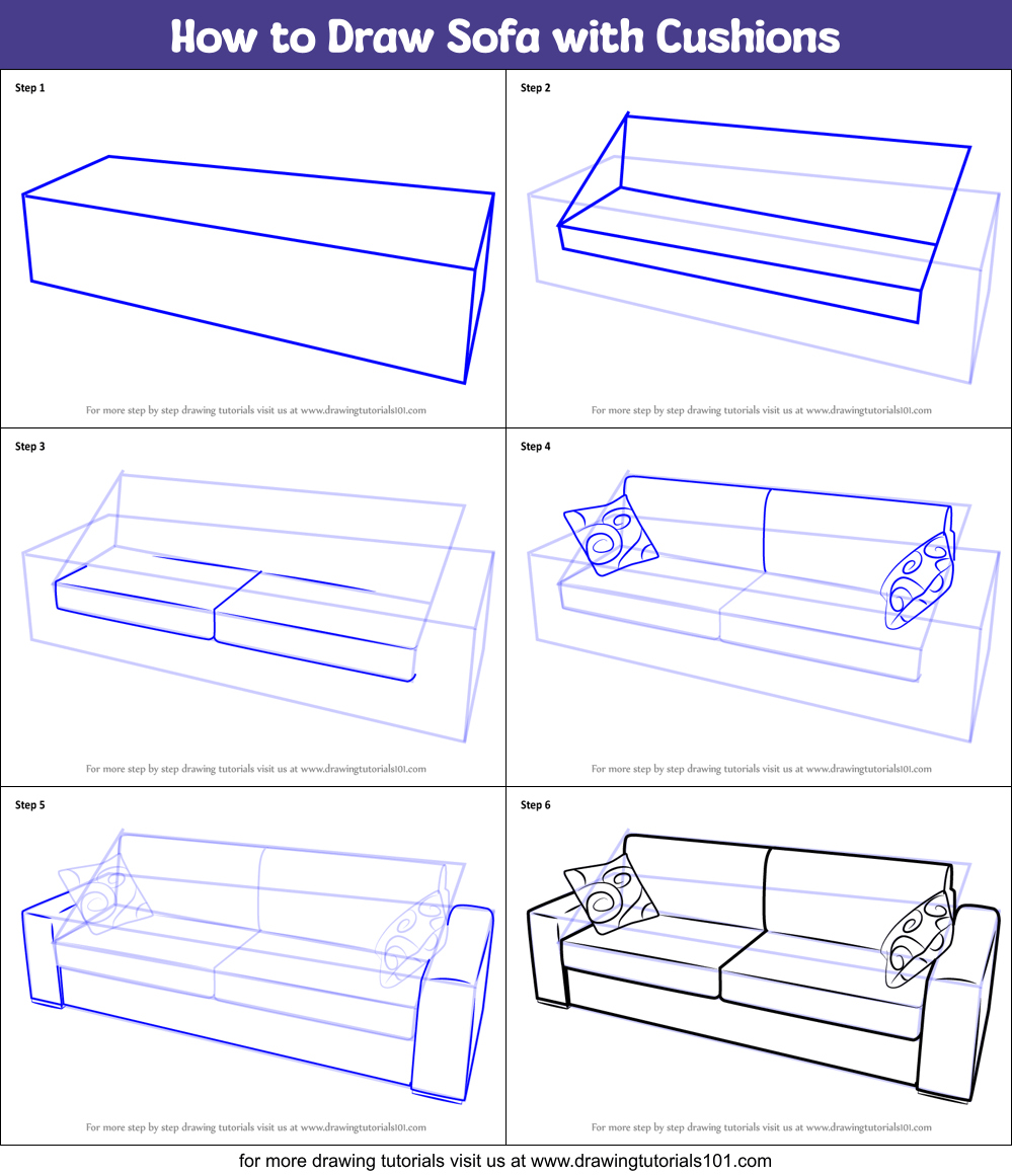 How to Draw Sofa with Cushions printable step by step drawing sheet(021)