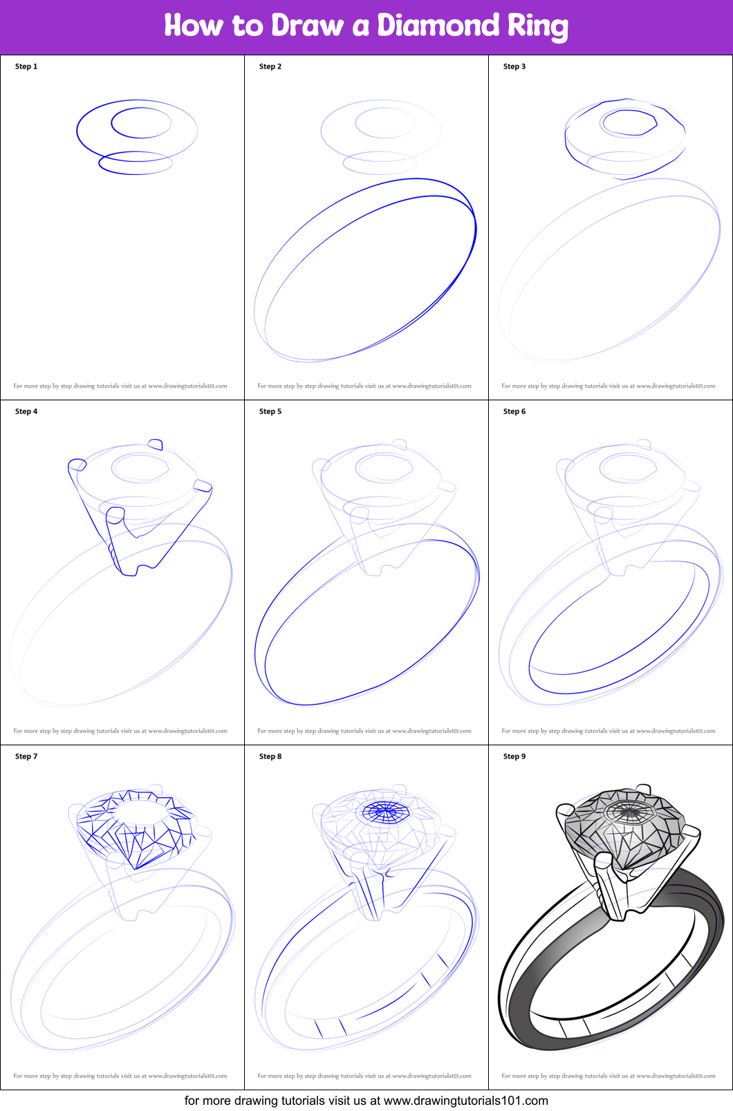 How to Draw a Diamond Ring (Jewellery) Step by Step