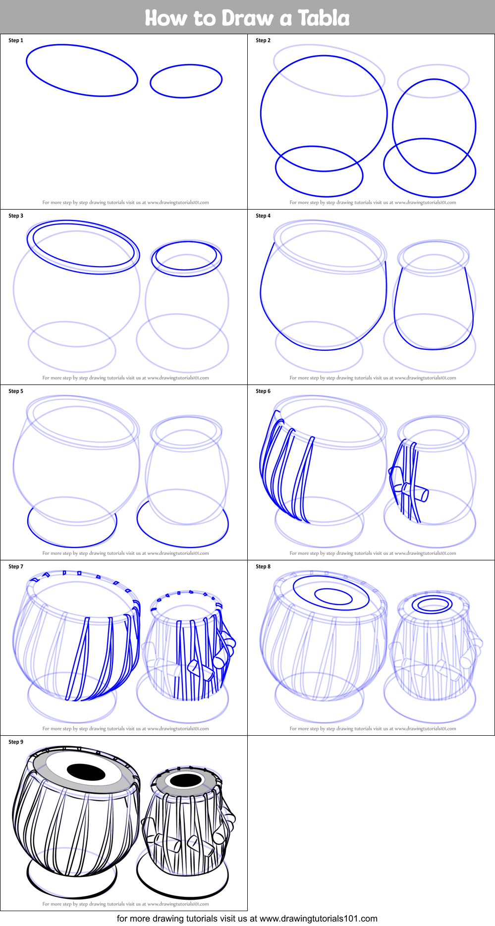 How to Draw a Tabla (Musical Instruments) Step by Step