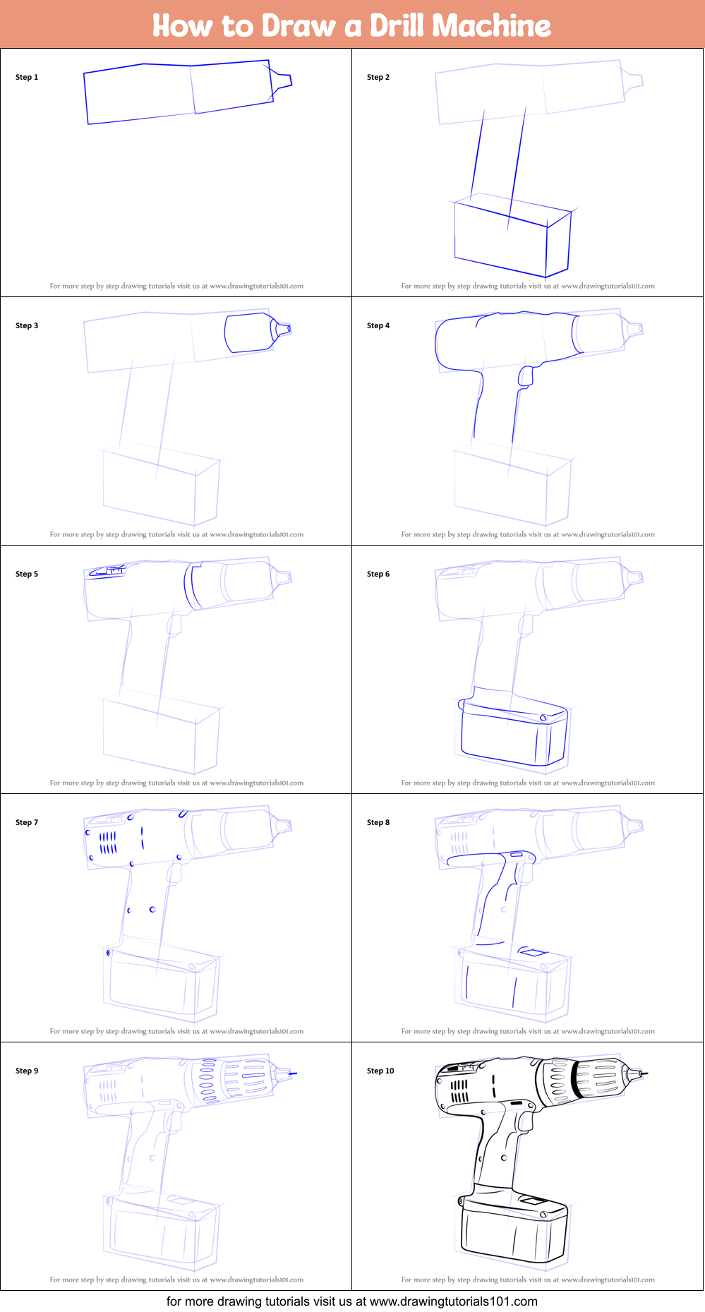 How to Draw a Drill Machine (Tools) Step by Step
