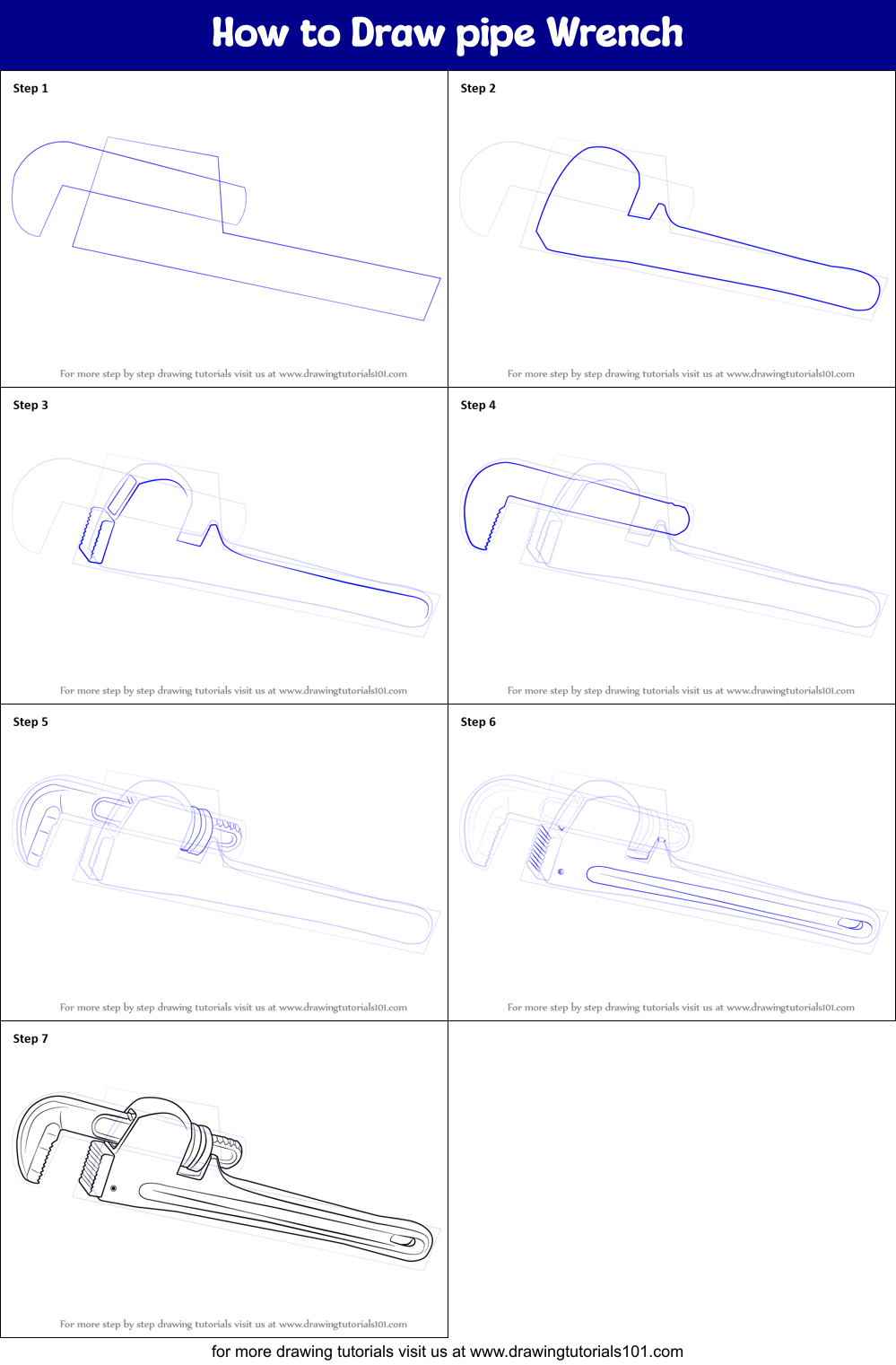 How to Draw pipe Wrench printable step by step drawing sheet