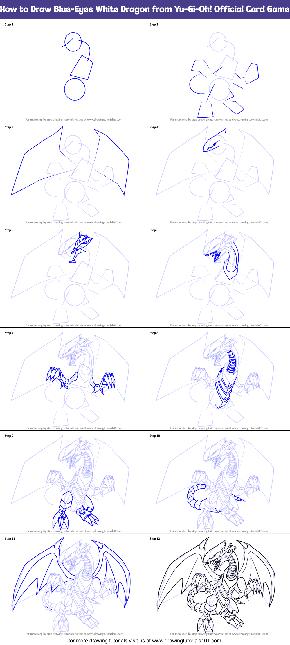 How to Draw BlueEyes White Dragon from YuGiOh! Official Card Game printable step by step
