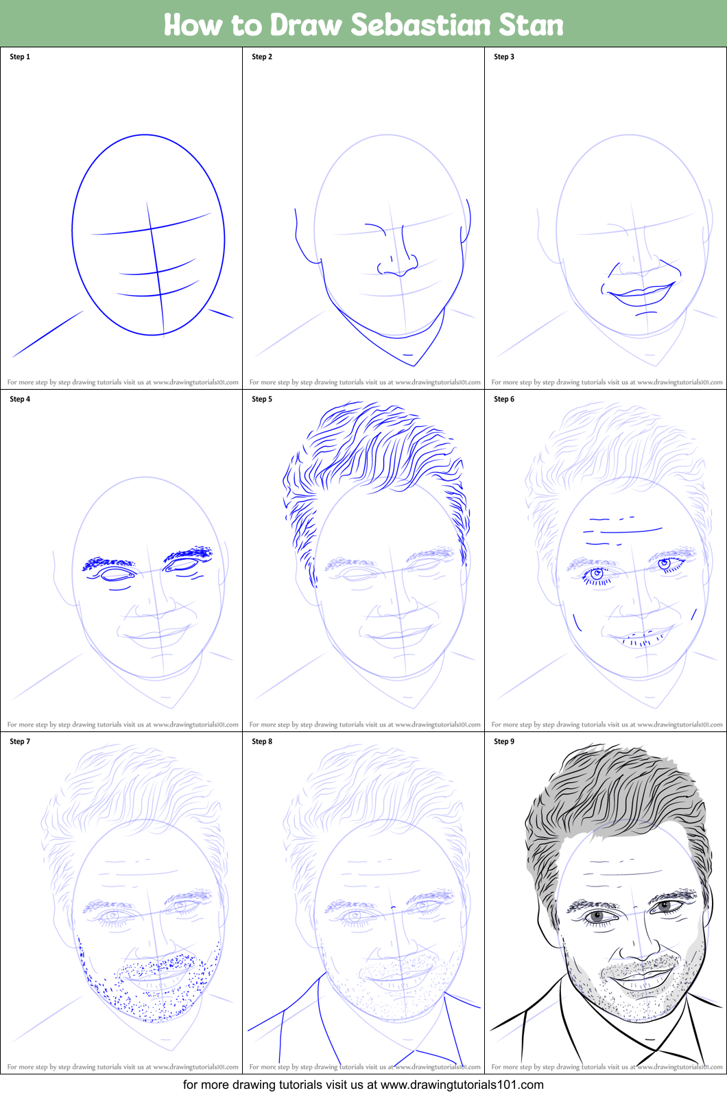 How to Draw Sebastian Stan printable step by step drawing sheet