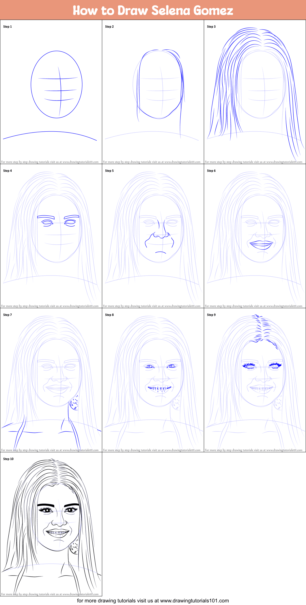 How to Draw Selena Gomez printable step by step drawing sheet
