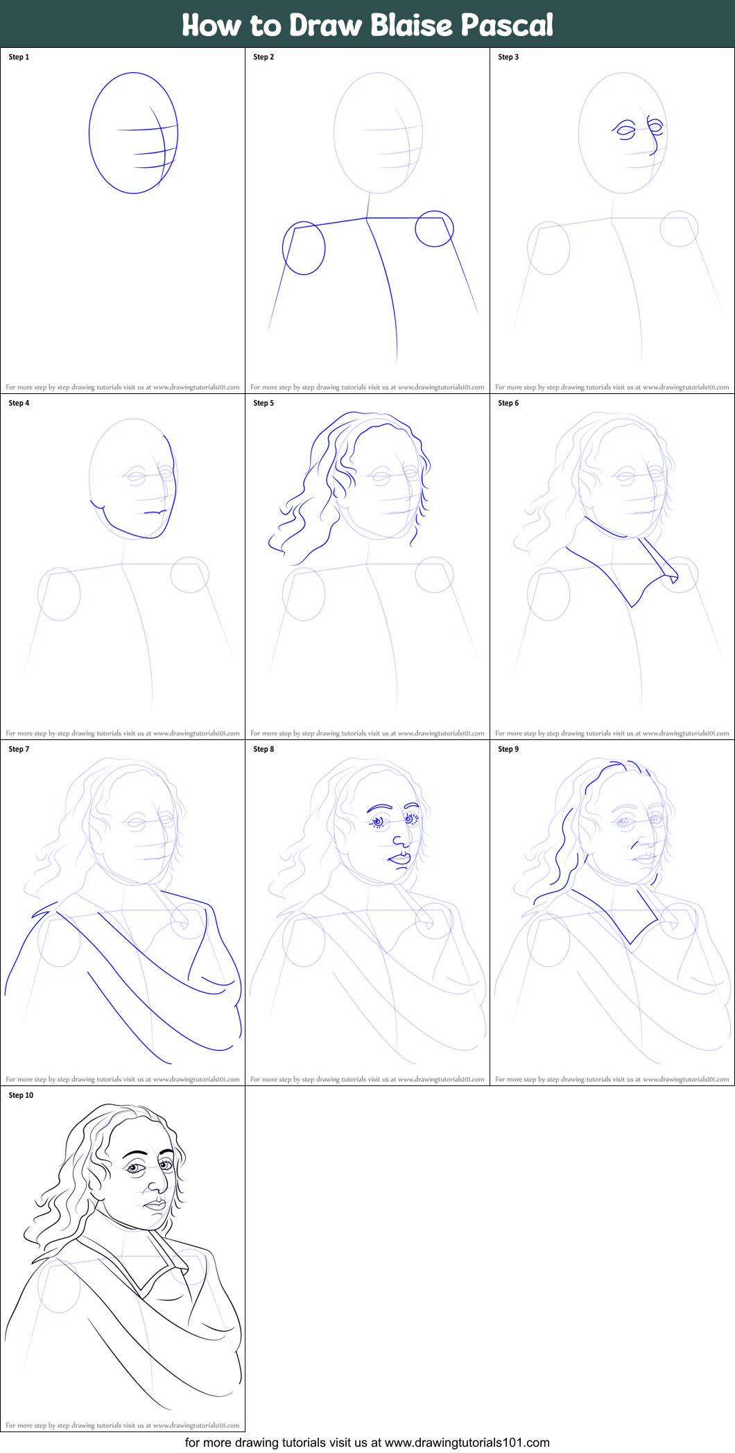How to Draw Blaise Pascal printable step by step drawing