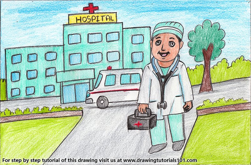 Hospital Building with Doctor Colored Pencils Drawing