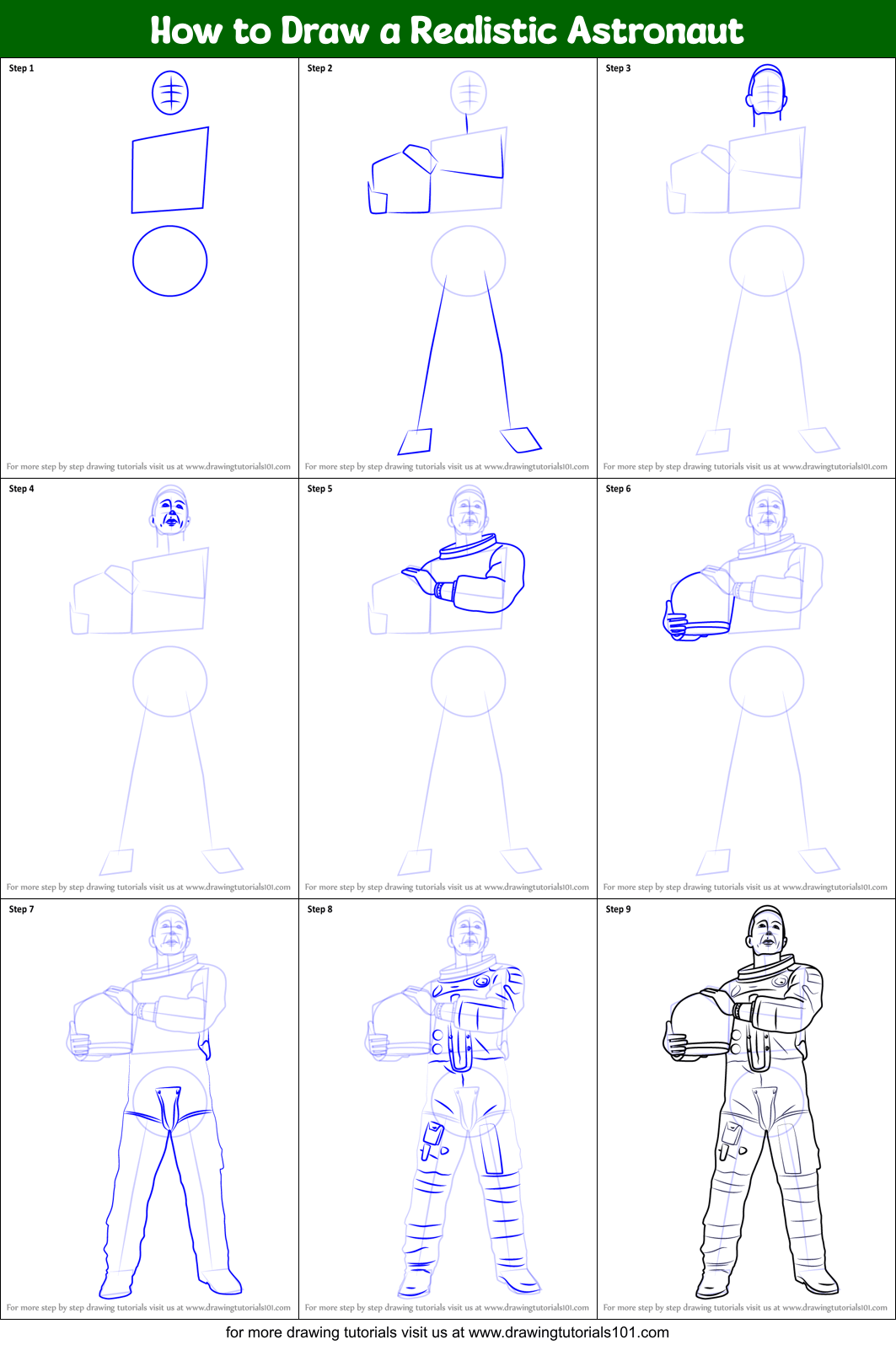 How to Draw a Realistic Astronaut printable step by step