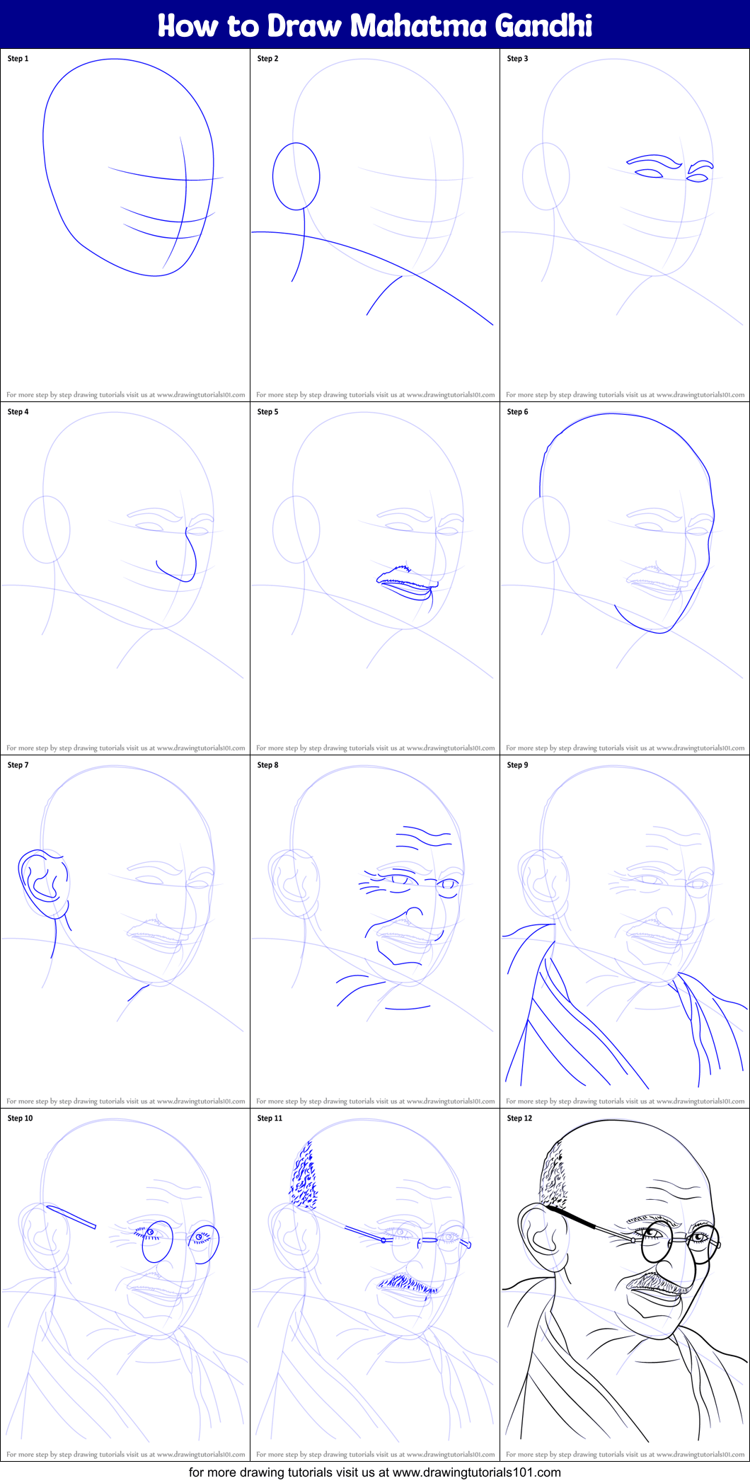 How to Draw Mahatma Gandhi printable step by step drawing sheet