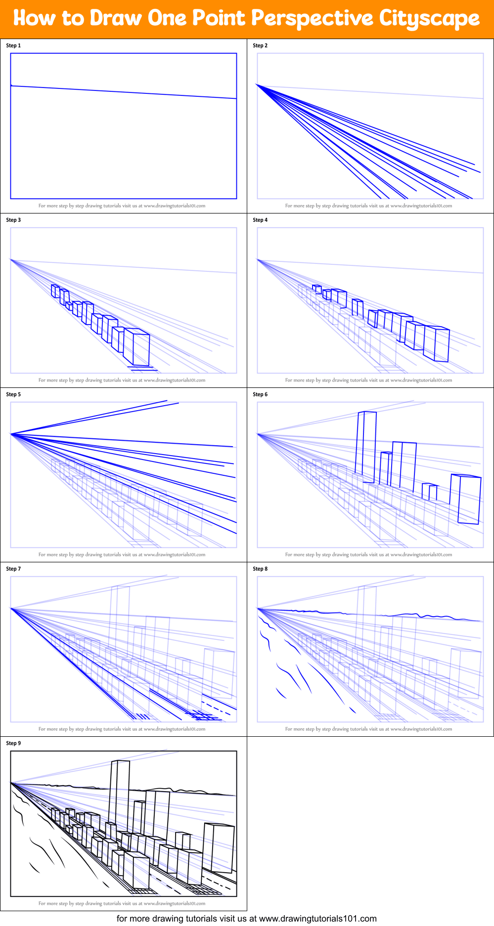How to Draw One Point Perspective Cityscape printable step by step drawing sheet