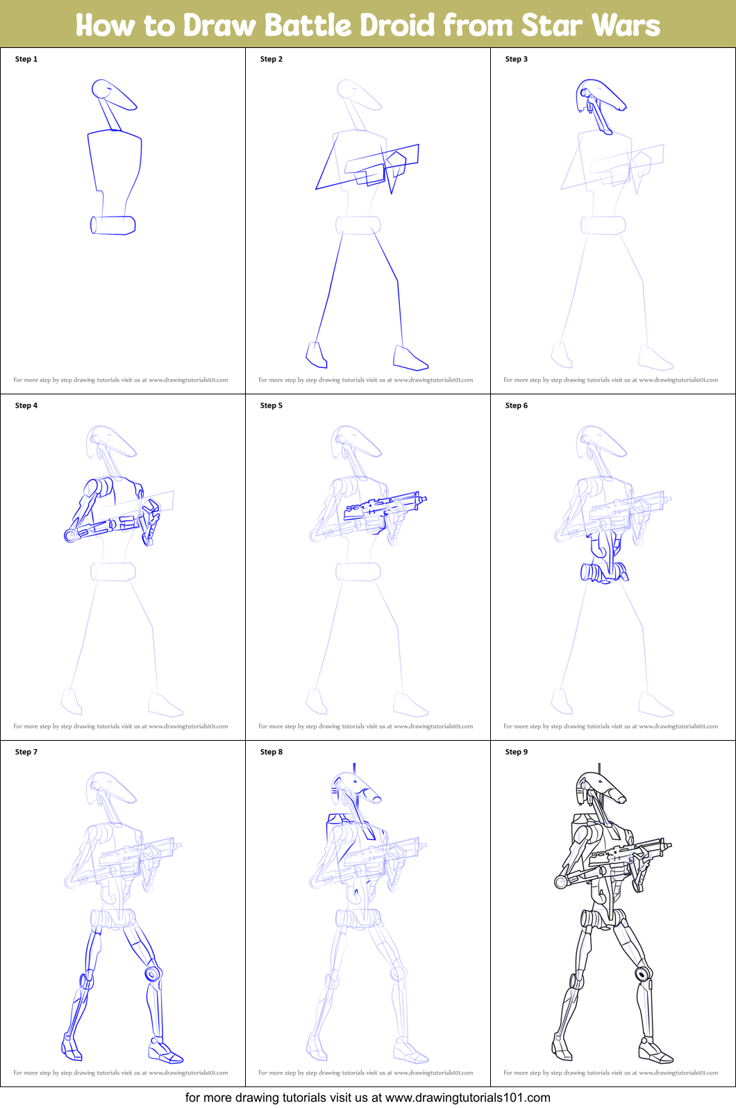 How to Draw Battle Droid from Star Wars printable step by step drawing sheet