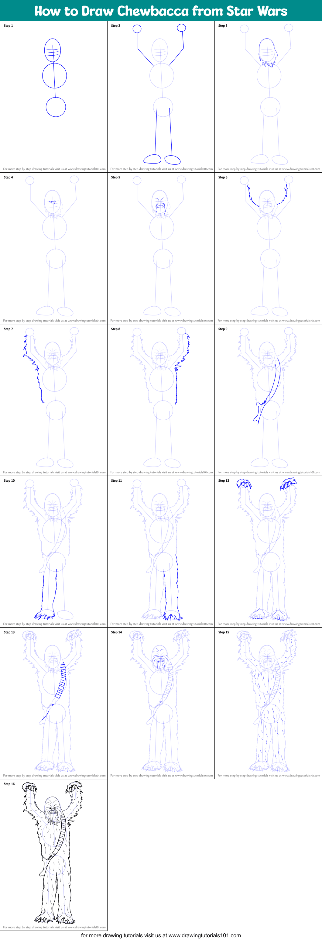 How to Draw Chewbacca from Star Wars printable step by step drawing sheet